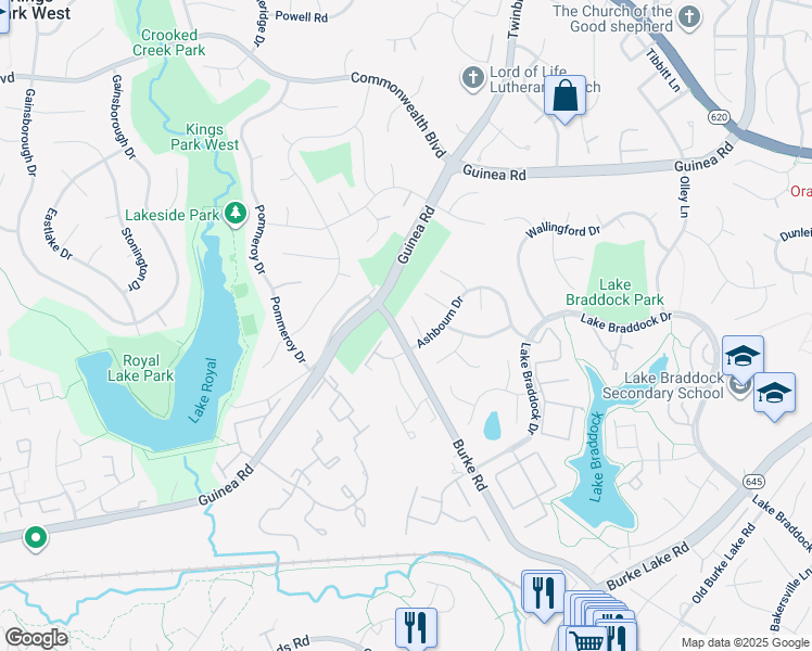 map of restaurants, bars, coffee shops, grocery stores, and more near 5304 Crown Point Road in Burke