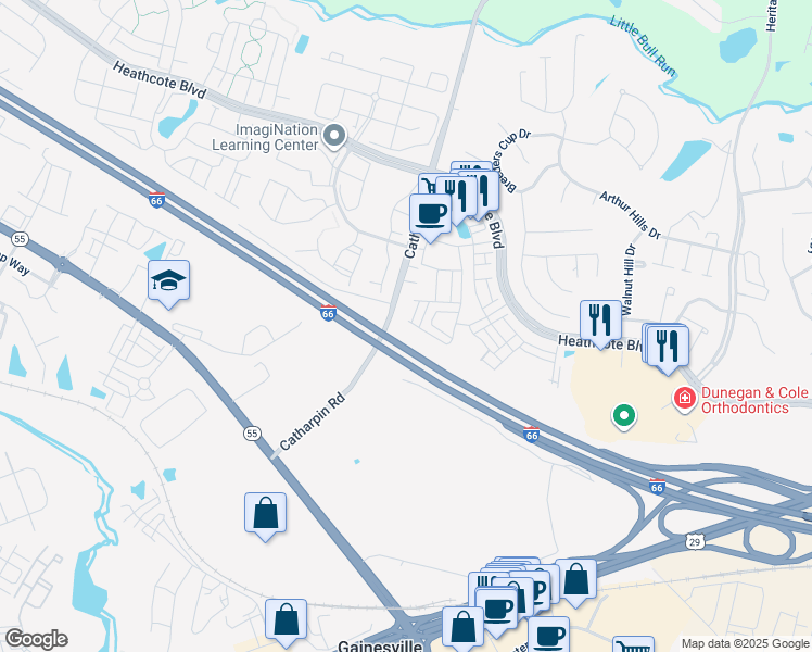 map of restaurants, bars, coffee shops, grocery stores, and more near 7093 Kona Drive in Gainesville