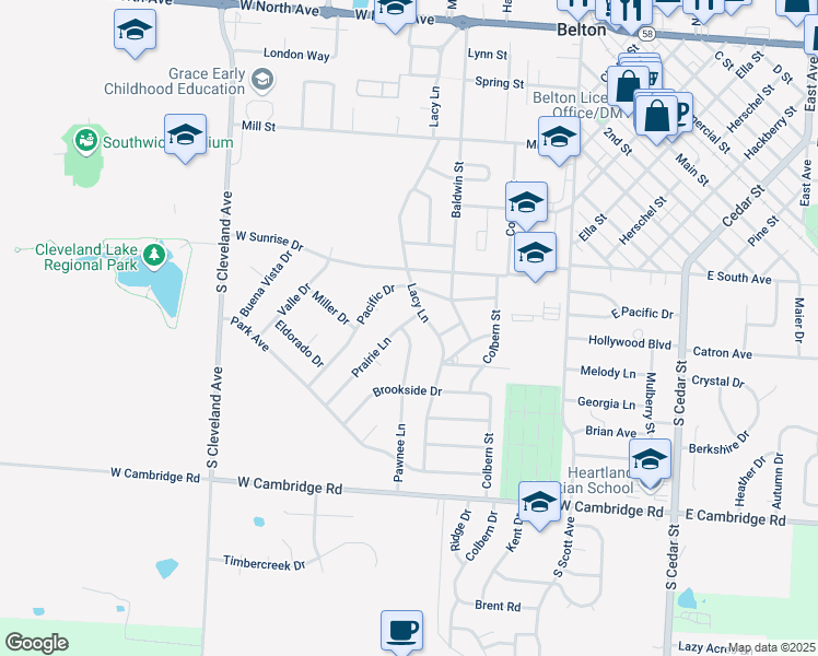 map of restaurants, bars, coffee shops, grocery stores, and more near 601 Pawnee Lane in Belton