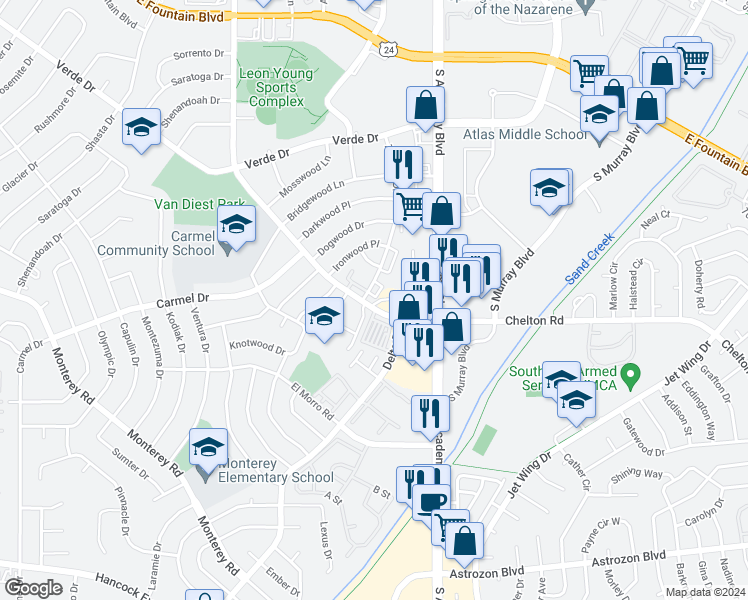 map of restaurants, bars, coffee shops, grocery stores, and more near 1950 Delta Drive in Colorado Springs