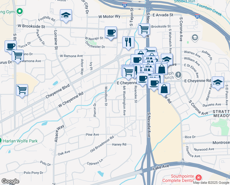 map of restaurants, bars, coffee shops, grocery stores, and more near 8 Terrace Drive in Colorado Springs