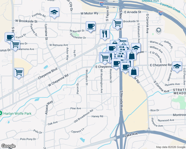 map of restaurants, bars, coffee shops, grocery stores, and more near 8 Terrace Drive in Colorado Springs