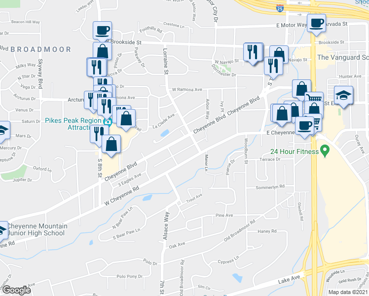 map of restaurants, bars, coffee shops, grocery stores, and more near 318 West Cheyenne Road in Colorado Springs