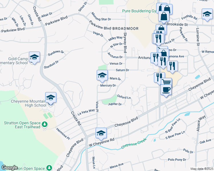 map of restaurants, bars, coffee shops, grocery stores, and more near 1018 Neptune Drive in Colorado Springs