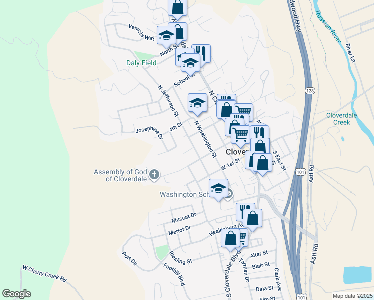 map of restaurants, bars, coffee shops, grocery stores, and more near 409 Butler Court in Cloverdale