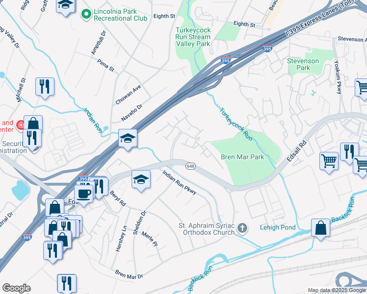 map of restaurants, bars, coffee shops, grocery stores, and more near 6347 Burgundy Leaf Lane in Alexandria