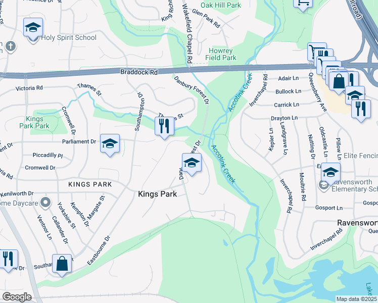 map of restaurants, bars, coffee shops, grocery stores, and more near 5310 Danbury Forest Drive in Springfield