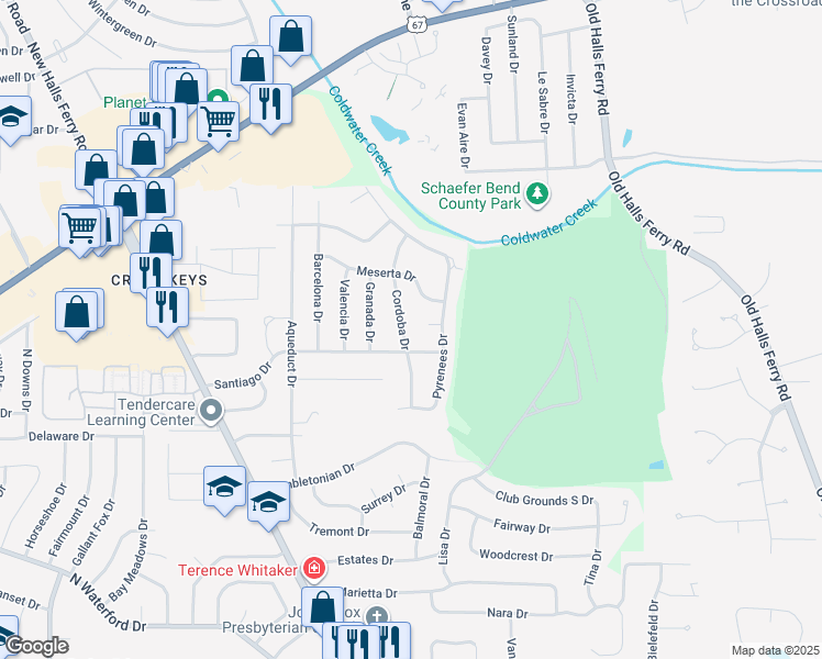 map of restaurants, bars, coffee shops, grocery stores, and more near 2005 Cordoba Drive in Florissant