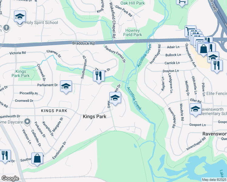 map of restaurants, bars, coffee shops, grocery stores, and more near 5310 Danbury Forest Drive in Springfield