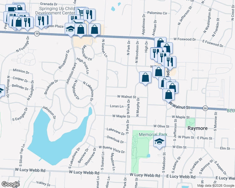 map of restaurants, bars, coffee shops, grocery stores, and more near 611 West Walnut Street in Raymore