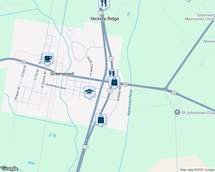 map of restaurants, bars, coffee shops, grocery stores, and more near 502 Market Street in Greenwood