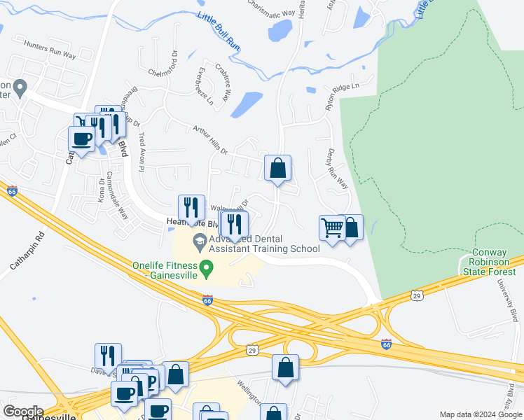 map of restaurants, bars, coffee shops, grocery stores, and more near 17672 Glass Ridge Place in Gainesville