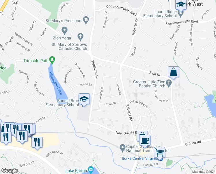 map of restaurants, bars, coffee shops, grocery stores, and more near 5342 Cristfield Court in Fairfax