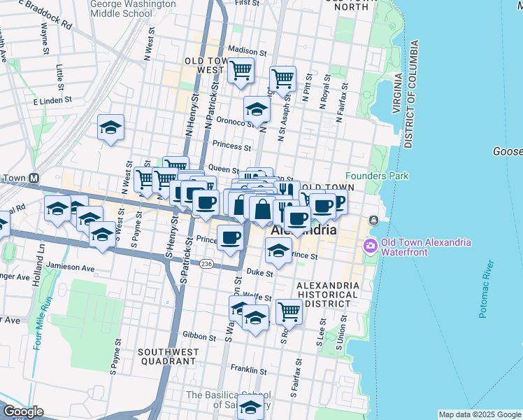 map of restaurants, bars, coffee shops, grocery stores, and more near 101 Ross Alley in Alexandria