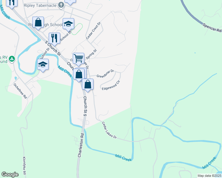 map of restaurants, bars, coffee shops, grocery stores, and more near 315 Edgewood Circle in Ripley