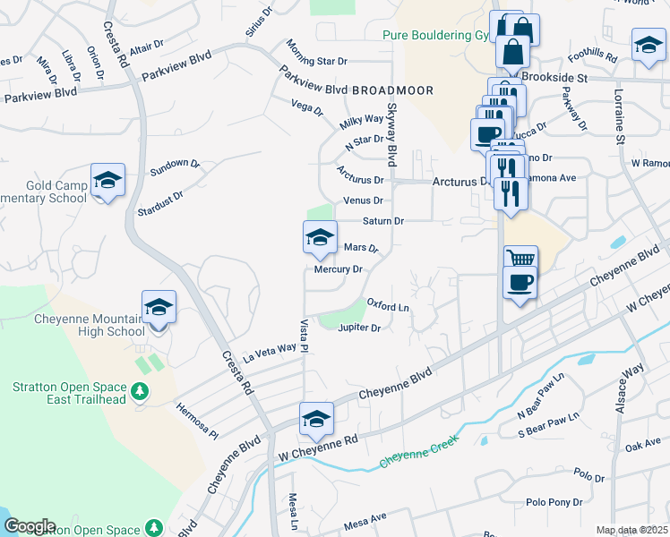 map of restaurants, bars, coffee shops, grocery stores, and more near 1100 Mercury Drive in Colorado Springs