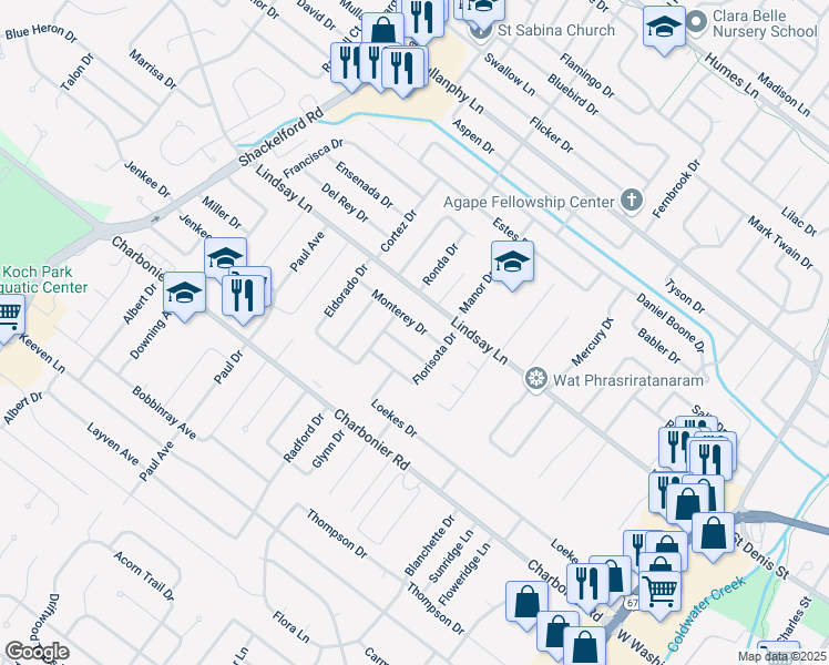 map of restaurants, bars, coffee shops, grocery stores, and more near 215 Jeanette Drive in Florissant