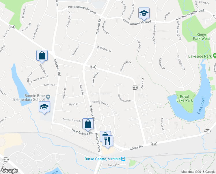 map of restaurants, bars, coffee shops, grocery stores, and more near 5395 Abernathy Court in Fairfax