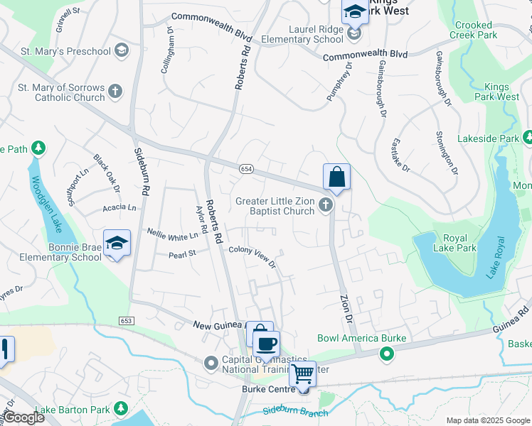 map of restaurants, bars, coffee shops, grocery stores, and more near 5395 Abernathy Court in Fairfax