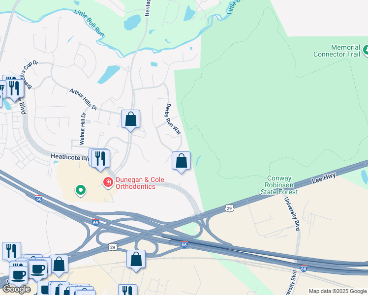 map of restaurants, bars, coffee shops, grocery stores, and more near 6853 Derby Run Way in Gainesville