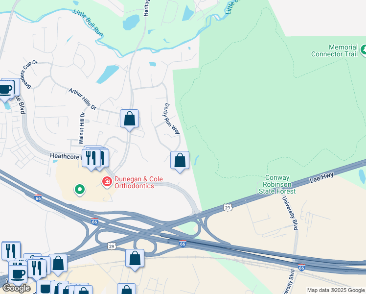 map of restaurants, bars, coffee shops, grocery stores, and more near 6853 Derby Run Way in Gainesville
