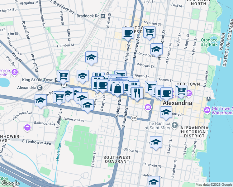 map of restaurants, bars, coffee shops, grocery stores, and more near King Street in Alexandria