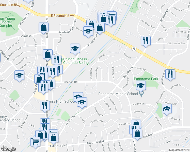 map of restaurants, bars, coffee shops, grocery stores, and more near 4394 South Chelton Road in Colorado Springs