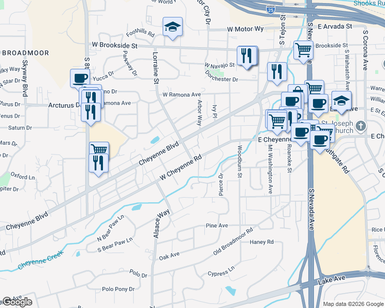 map of restaurants, bars, coffee shops, grocery stores, and more near 225 West Cheyenne Road in Colorado Springs