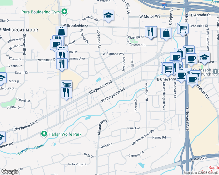 map of restaurants, bars, coffee shops, grocery stores, and more near 318 West Cheyenne Road in Colorado Springs