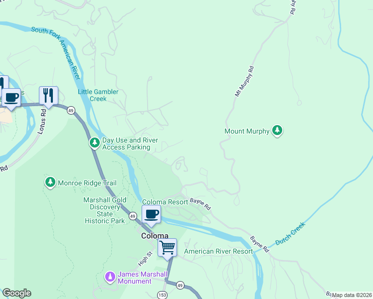 map of restaurants, bars, coffee shops, grocery stores, and more near 6791 Carvers Road in Placerville