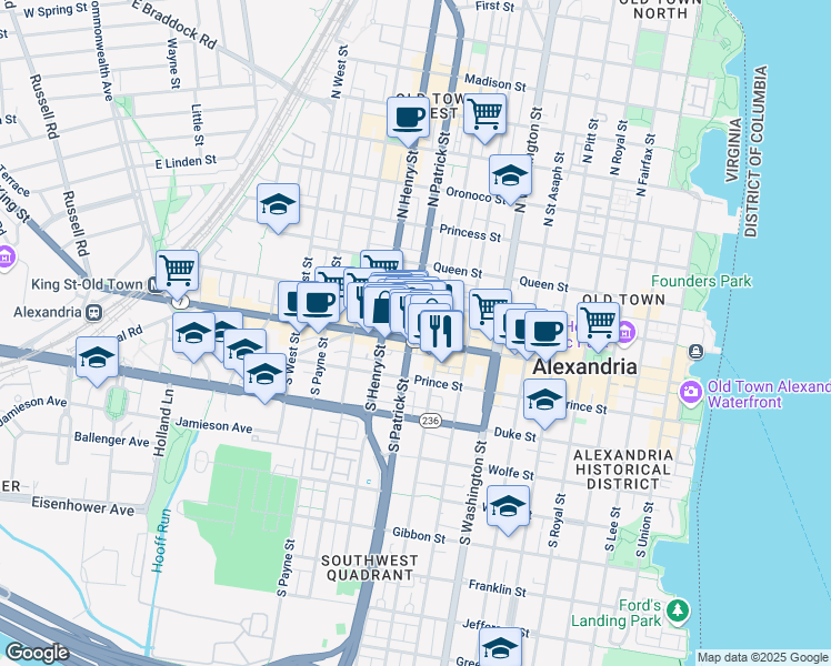 map of restaurants, bars, coffee shops, grocery stores, and more near 111 South Patrick Street in Alexandria