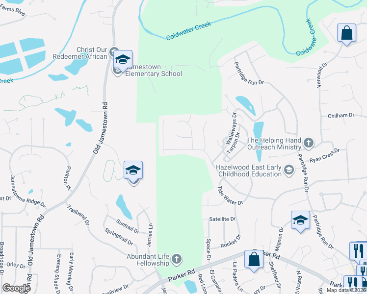 map of restaurants, bars, coffee shops, grocery stores, and more near 6196 Lake Paddock Drive in Florissant