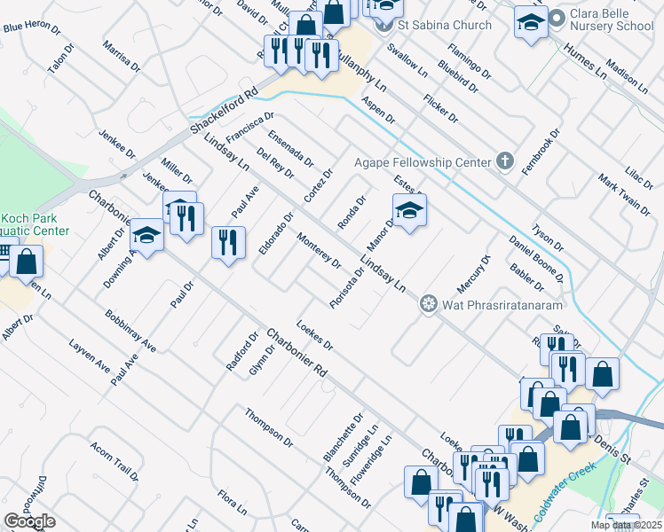 map of restaurants, bars, coffee shops, grocery stores, and more near 215 Jeanette Drive in Florissant