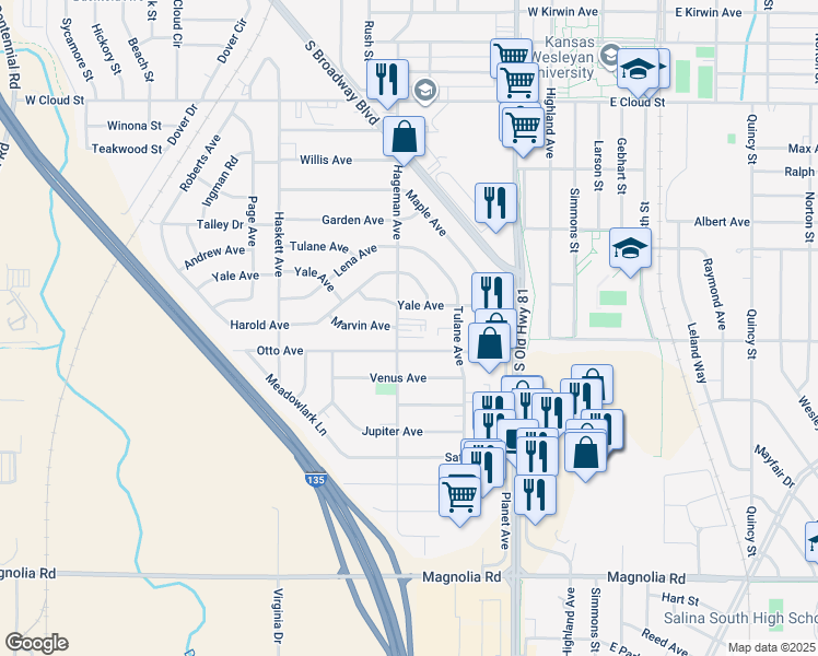 map of restaurants, bars, coffee shops, grocery stores, and more near 439-499 Otto Avenue in Salina