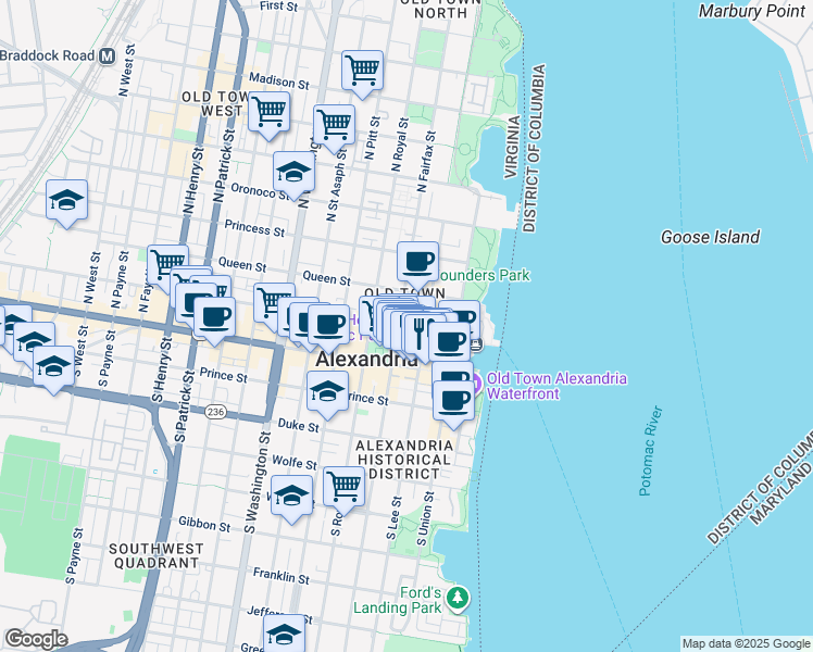 map of restaurants, bars, coffee shops, grocery stores, and more near 213 Cameron Street in Alexandria