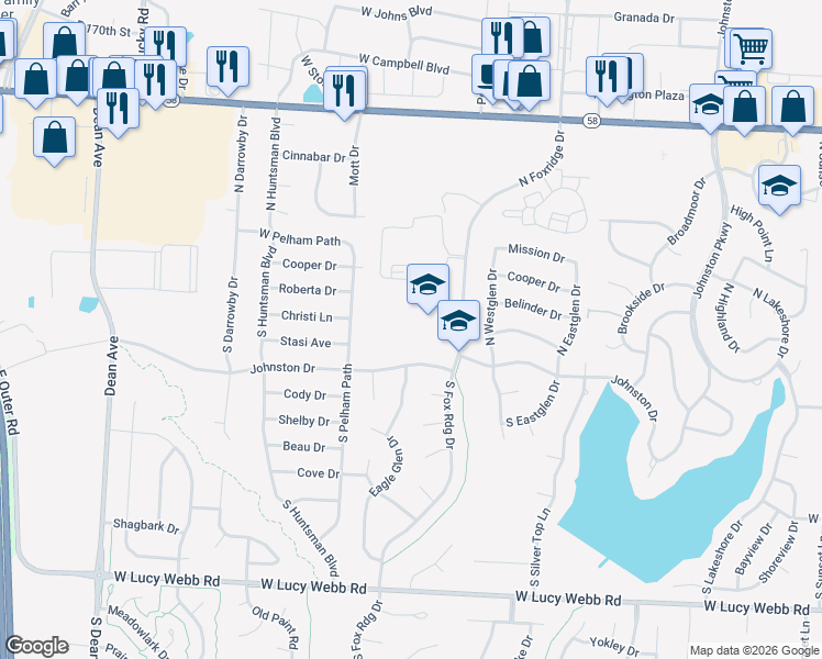 map of restaurants, bars, coffee shops, grocery stores, and more near 100 North Foxridge Drive in Raymore