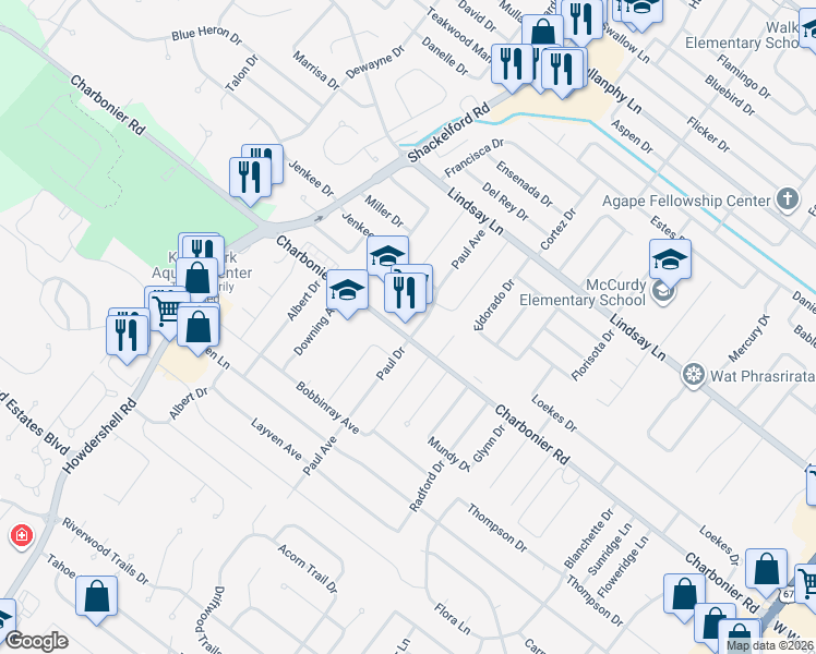 map of restaurants, bars, coffee shops, grocery stores, and more near 501 Paul Avenue in Florissant