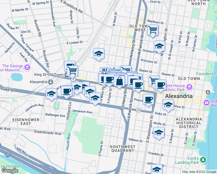 map of restaurants, bars, coffee shops, grocery stores, and more near 1312 King Street in Alexandria