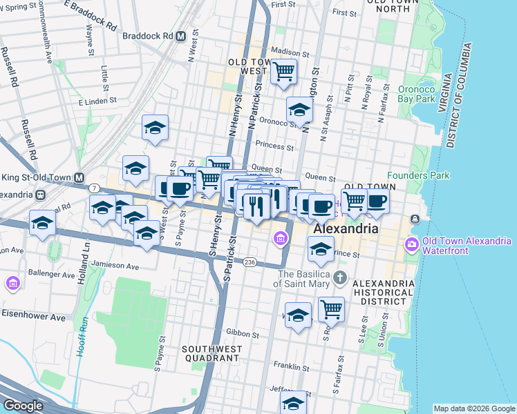 map of restaurants, bars, coffee shops, grocery stores, and more near 103 North Alfred Street in Alexandria