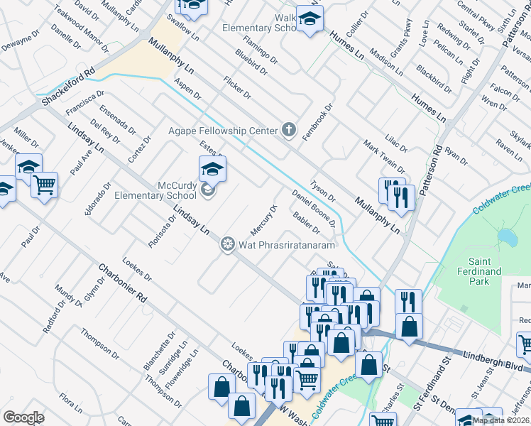 map of restaurants, bars, coffee shops, grocery stores, and more near 23 Hammes Drive in Florissant