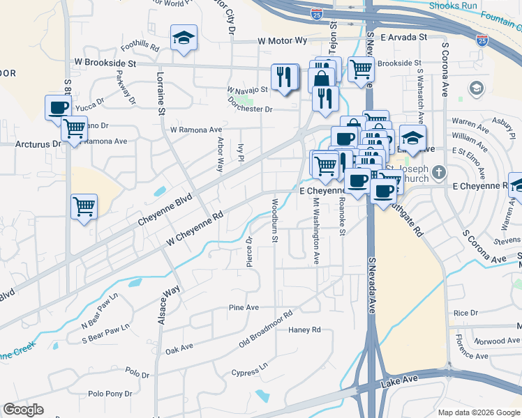 map of restaurants, bars, coffee shops, grocery stores, and more near 102 West Cheyenne Road in Colorado Springs