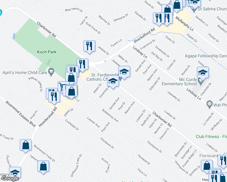 map of restaurants, bars, coffee shops, grocery stores, and more near 1830 Charbonier Road in Florissant