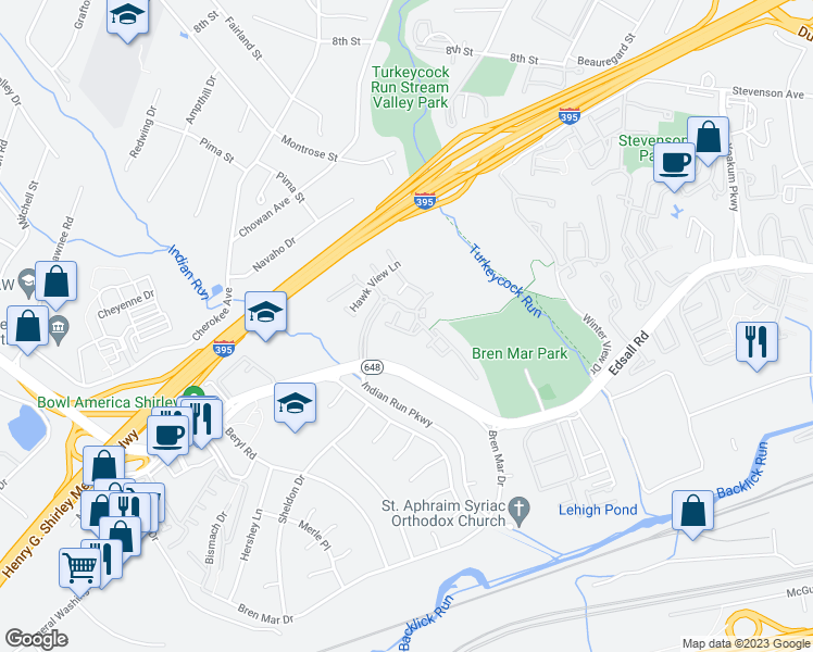 map of restaurants, bars, coffee shops, grocery stores, and more near 6328 Locust Tree Lane in Alexandria