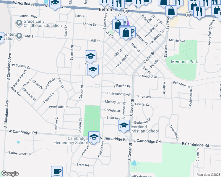 map of restaurants, bars, coffee shops, grocery stores, and more near 123 East Pacific Drive in Belton
