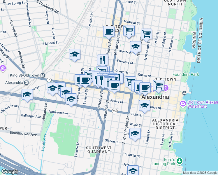 map of restaurants, bars, coffee shops, grocery stores, and more near in Alexandria