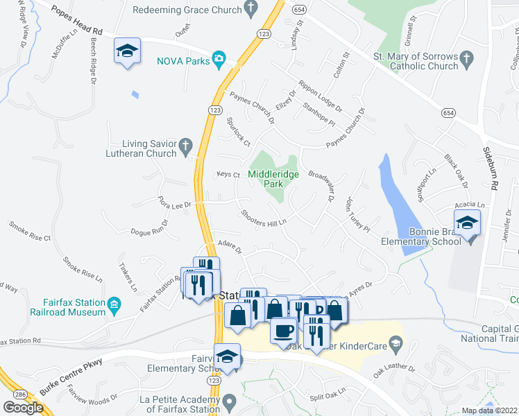 map of restaurants, bars, coffee shops, grocery stores, and more near 5554 Ann Peake Drive in Fairfax