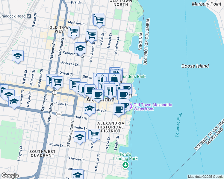 map of restaurants, bars, coffee shops, grocery stores, and more near 213 Cameron Street in Alexandria