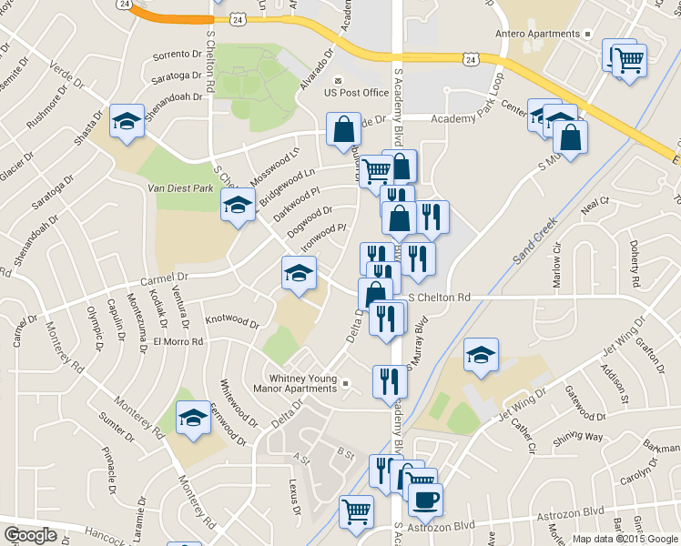 map of restaurants, bars, coffee shops, grocery stores, and more near 1815 Zebulon Drive in Colorado Springs