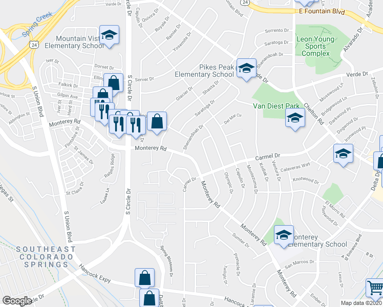 map of restaurants, bars, coffee shops, grocery stores, and more near 1751 Shenandoah Drive in Colorado Springs