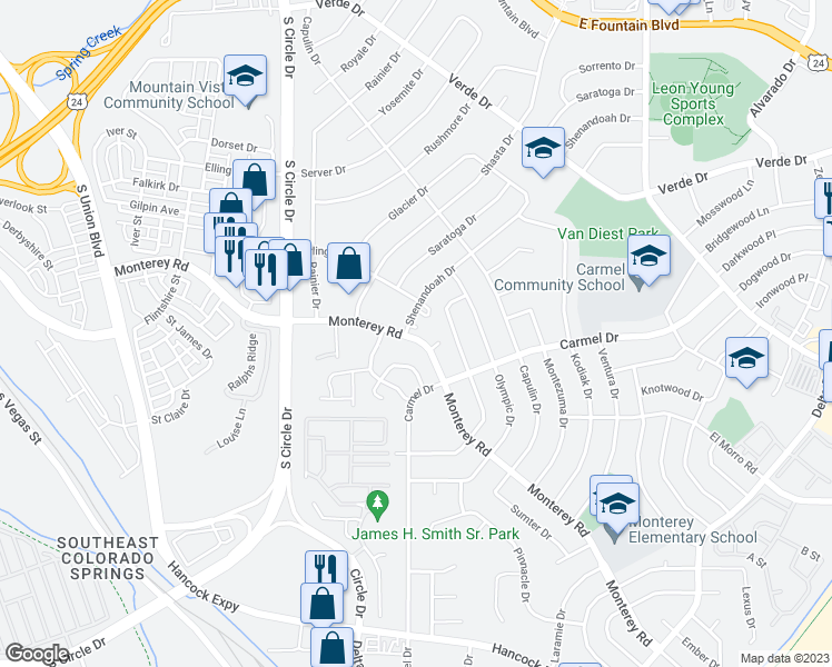 map of restaurants, bars, coffee shops, grocery stores, and more near 1751 Shenandoah Drive in Colorado Springs